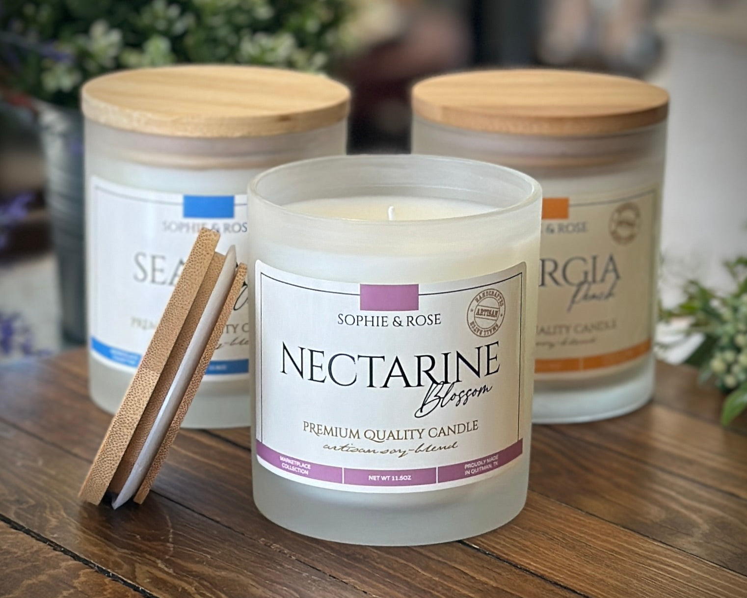 Candle ~ Nectarine Blossom (Frosted Glass/Bamboo Lid)