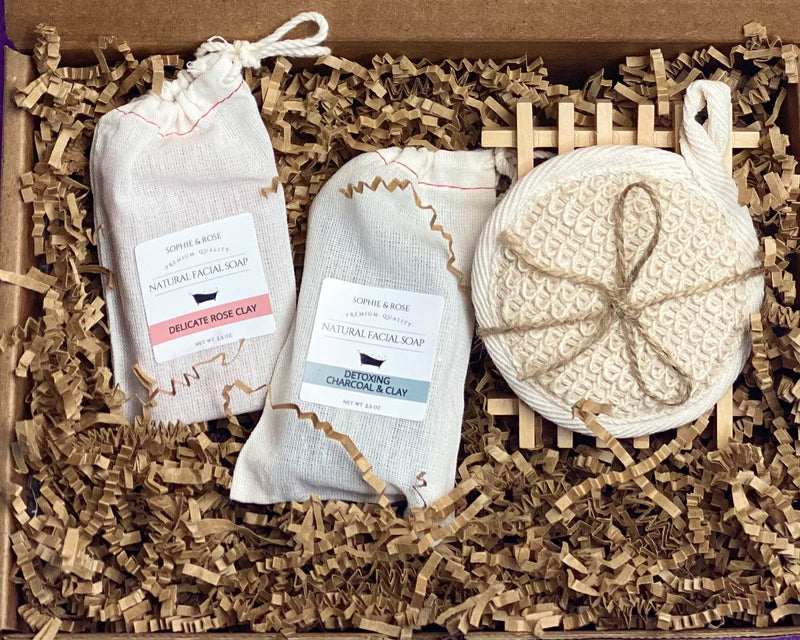 Facial Bar with Facial Buffer and Wooden Soap Saver Gift Set