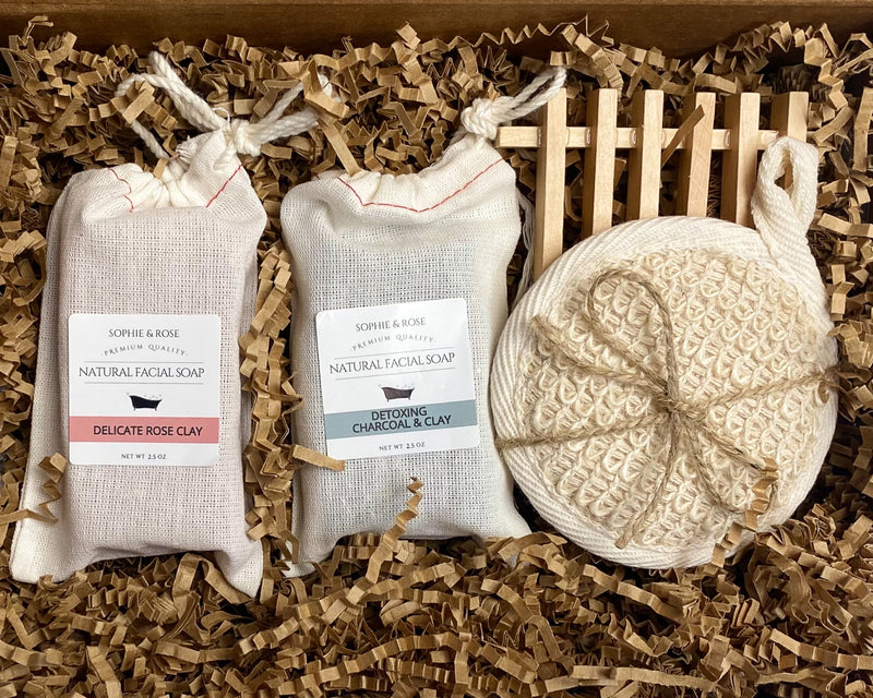 Facial Bar with Facial Buffer and Wooden Soap Saver Gift Set